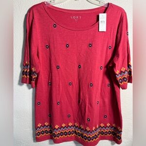 LOFT Embroidered Boho Tee Raspberry Pink Short Sleeve Top NWT L